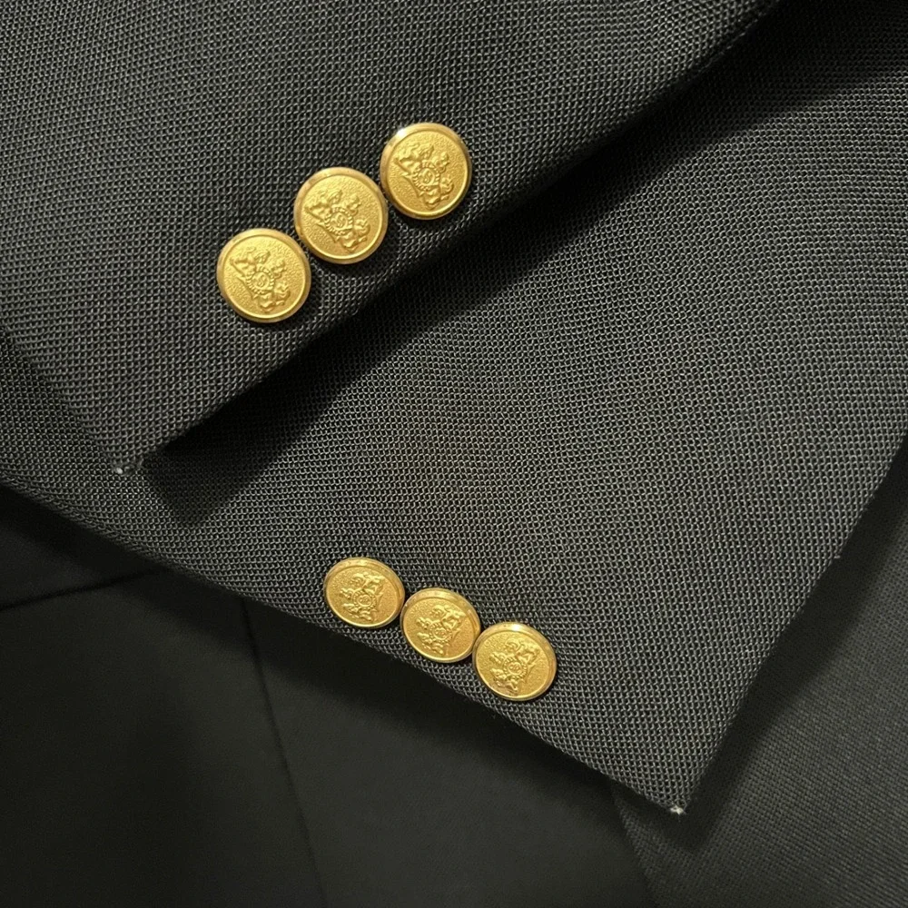 Vtg Stafford Mens Classic‎ Black Blazer 46L Long Gold Crest Buttons University